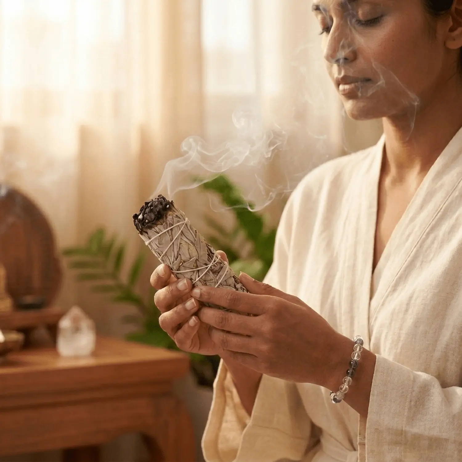 California White Sage smudge stick being used for a cleansing ritual
