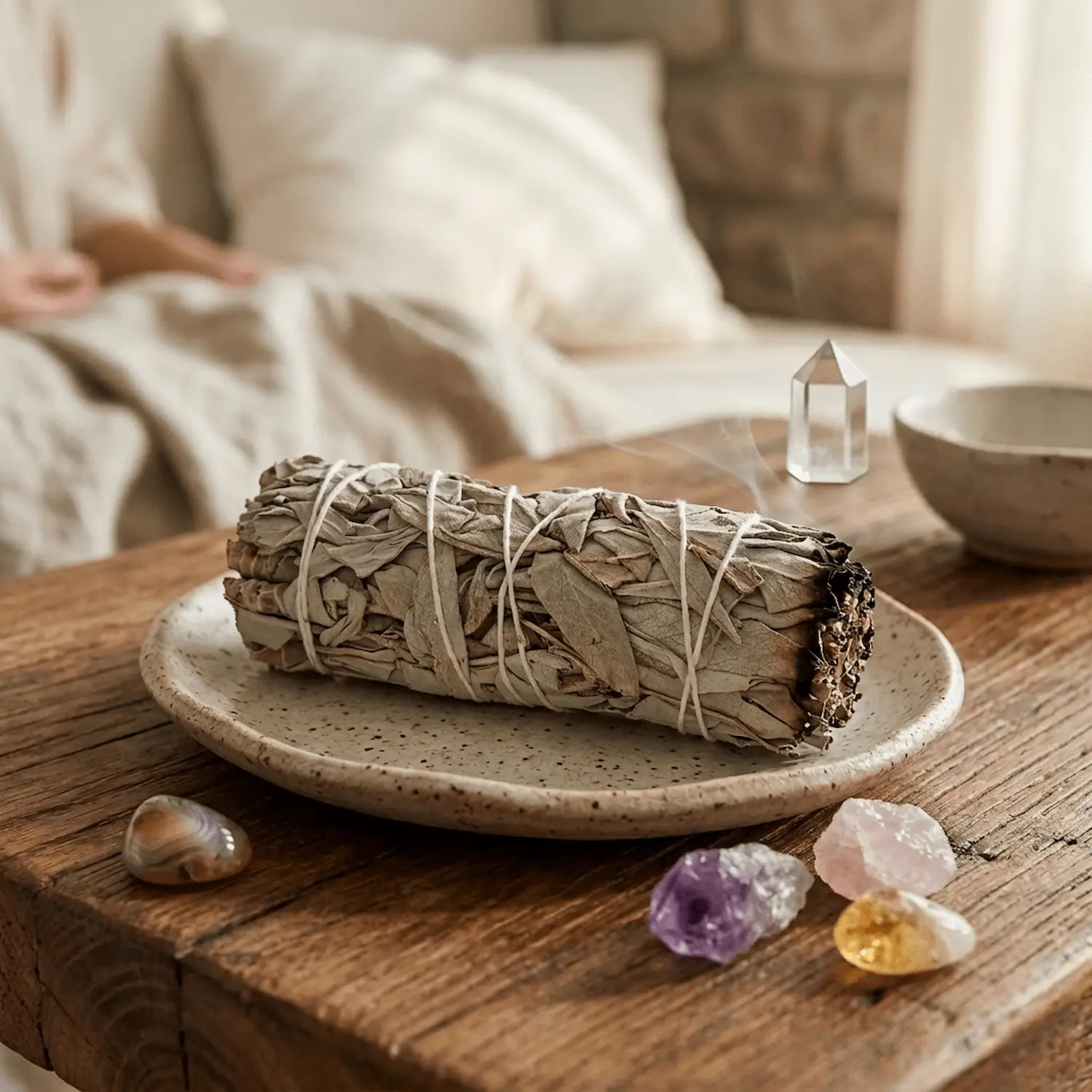 California White Sage smudge stick placed on a ceramic plate with crystals