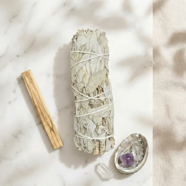 California White Sage smudge stick styled with Palo Santo and crystals