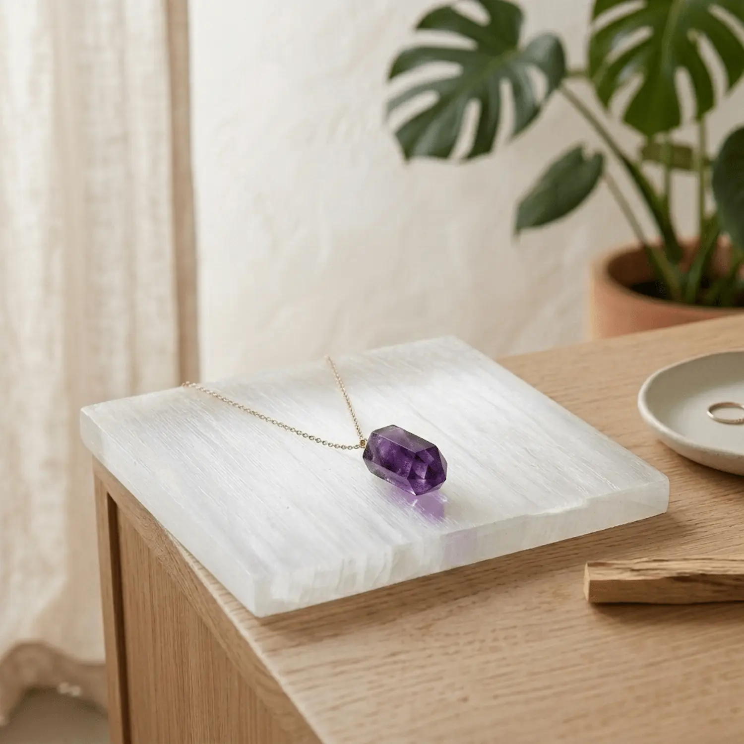 4 inch square Selenite charging plate with Amethyst crystal