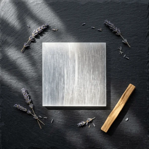 Selenite charging plate with crystals and lavender in a spiritual setting