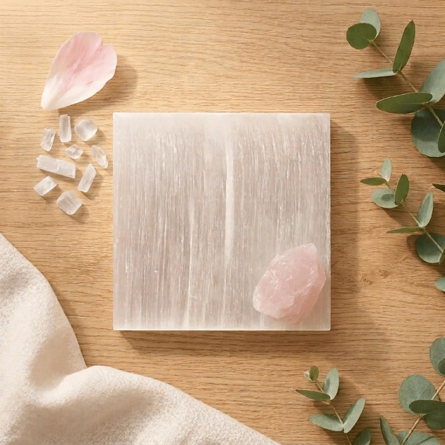 Square selenite charging plate displayed with crystals