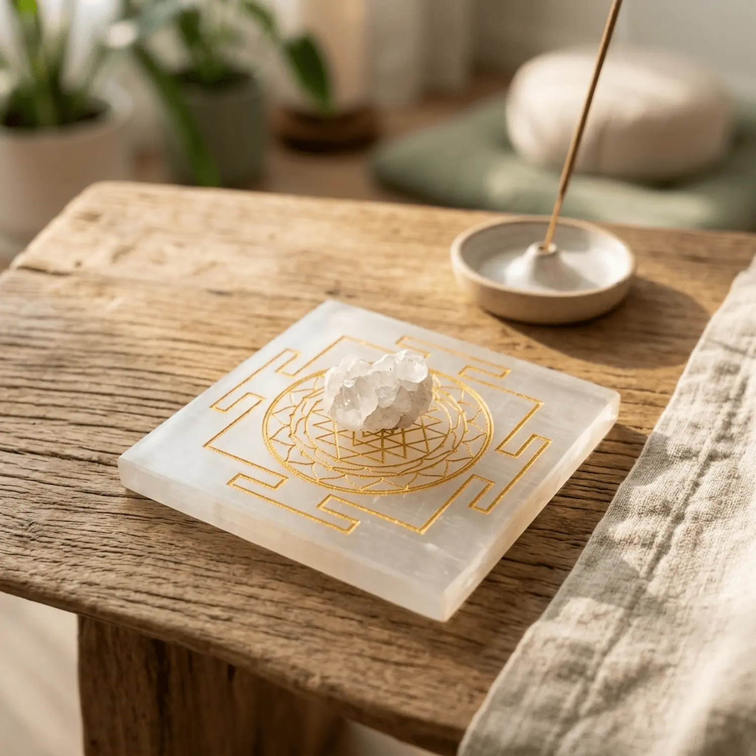 Selenite Charging Plate with Shree Yantra and crystal