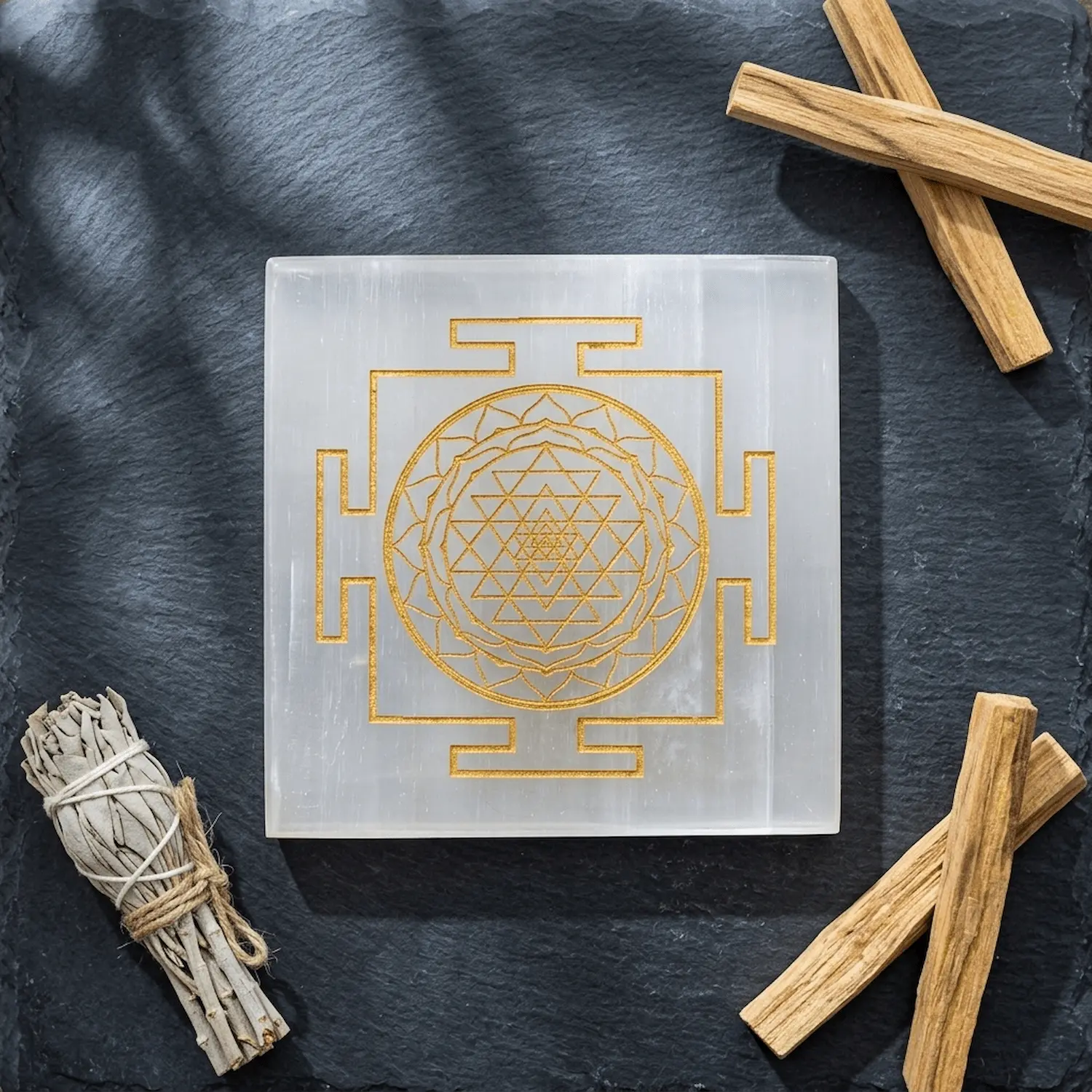 Selenite Charging Plate Shree Yantra with Palo Santo and sage